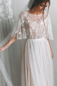 Elegant Simple A-line Half Sleeve Sweep Train Long Tulle Bridal Gown Wedding Dresses OHD155 | Cathyprom