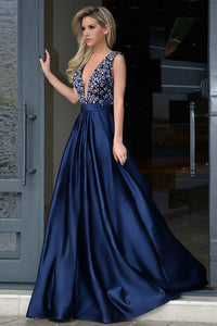 Sexy A-line V-neck Sweep Train Sleeveless Rhinestone Long Satin Prom Dress OHC195 | Cathyprom