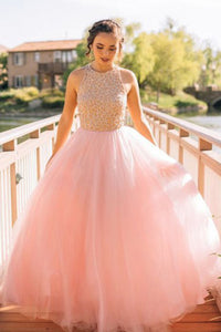 Dramatic Round Neck Sleeveless Floor-Length Pink Prom Dress with Beading LPD59 | Cathyprom