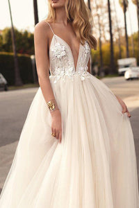  A-line Spaghetti Straps Floor Length Sleeveless Backless Romantic Tulle Bridal Gown Wedding Dresses OHD157 | Cathyprom