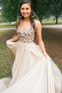Pretty Customized Charming V neck Beaded Backless A Line Long Prom Dress with Appliques LPD16