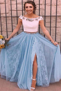 Two Pieces Scoop Neck Beading Slit A Line Short Sleeves Long Tulle Prom Dress OHC529