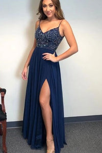 A Line Spaghetti Straps Sleeveless Beaded Long Prom Dress Split OHC151  | Cathyprom