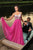 A Line One Shoulder Sweep Train Rhinestone Long Fuchsia Tulle Prom Dresses OHC524