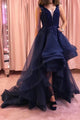 Chic High Low V Neck Lace Applique Sleeveless Long Navy Blue Tulle Prom Dress OHC357 | Cathyprom