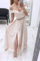 Simple A Line Pink Satin Off Shoulder Beaded Waistline Long Side Slit Prom Dress OHC370 | Cathyprom