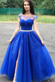 A Line Floor Length Royal Blue Tulle Cap Sleeve Long Prom Dress With Slit OHC366 | Cathyprom