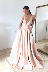 Chic Prom Dresses A Line Sweep Train Short Sleeves Pockets Embroidery Beading Long Satin Prom Dresses OHC318 | Cathyprom