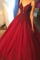 Ball Gown Spaghetti Straps Floor Length Sleeveless Beading Long Burgundy Tulle Prom Dress OHC222 | Cathyprom