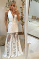 Chic A Line Halter Sweep Train White Sleeveless Appliques Long Tulle Prom Dresses Sexy Evening Dress OHC315 | Cathyprom