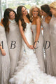 Sexy Sheath/Column V-neck Floor Length Sleeveless Long Tulle Bridesmaid Dresses with Sequins  OHS127 | Cathyprom