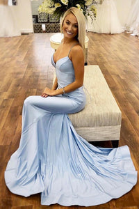 Mermaid Spaghetti Strap Sleeveless Light Blue Satin Long Satin Prom Dress Evening Dress OHC333 | Cathyprom