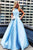 Elegant A Line Blue Satin High Neck Strapless Long Pearl Prom Dress Evening Dress OHC383 | Cathyprom