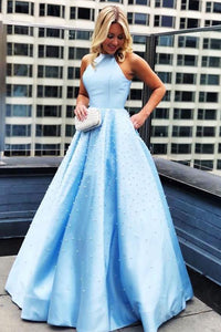 Elegant A Line Blue Satin High Neck Strapless Long Pearl Prom Dress Evening Dress OHC383 | Cathyprom