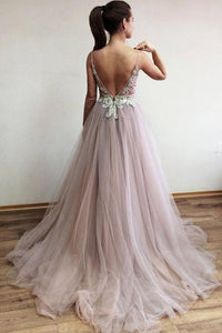 Chic A-line Spaghetti Straps Sweep Train Sleeveless Backless Rhinestone Long Tulle Prom Dress OHC192 | Cathyprom