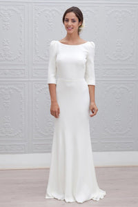 Sheath Bateau Backless 3/4 Sleeves Sweep Train Beach Wedding Dress OHD054 | Cathyprom
