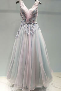 Beautiful A-line V-neck Sweep Train Sleeveless Appliques Beading Long Colorful Chic Tulle Prom Dresses  OHC252 | Cathyprom
