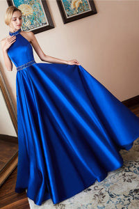 Elegant A Line High Neck Open Back Sleeveless Beaded Long Royal Blue Satin Waistline Prom Dress OHC335 | Cathyprom