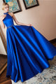 Elegant A Line High Neck Open Back Sleeveless Beaded Long Royal Blue Satin Waistline Prom Dress OHC335 | Cathyprom