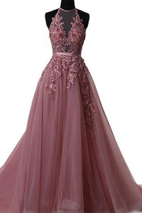 Sexy A Line Halter Sweep Train Sleeveless Appliques Lace-up Long Tulle Prom Dress Evening Dress OHC118 | Cathyprom