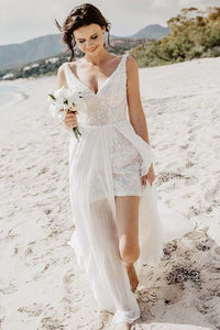 A-Line V-Neck Backless Detachable Train Sequined Beach Wedding Dress OHD028 | Cathyprom
