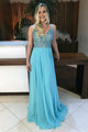 A-line Deep V-neck Sleeveless Sweep Train Backless Blue Prom Dress with Beading LPD34 | Cathyprom