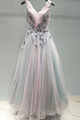 Beautiful A-line V-neck Sweep Train Sleeveless Appliques Beading Long Colorful Chic Tulle Prom Dresses  OHC252 | Cathyprom