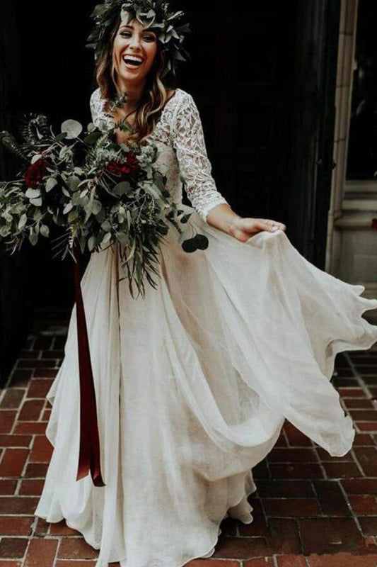 Sexy V-neck 3/4 Sleeves Boho Wedding Dress A Line Beach Wedding Dress –  cathyprom