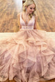 A Line Straps Deep V Neck Sleeveless Lace Appliques Long Tulle Pink Prom Dress OHC238 | Cathyprom