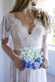 A-Line V-Neck Backless Sweep Train Light Champagne Lace Bohemian Wedding Dress OHD014 | Cathyprom