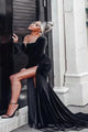 Square Neckline Long Sleeves Black Velvet Mermaid Prom Dresses OHC541