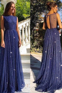 Elegant A Line Sequins Open Back Sleeveless Long Dark Blue Tulle Prom Dress Evening Dress OHC351 | Cathyprom