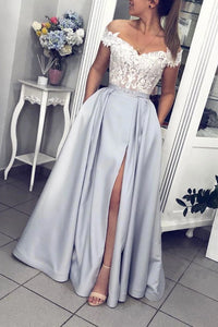 Elegant A Line Grey Satin White Lace Off The Shoulder Strapless Long Prom Dress Evening Dress OHC346 | Cathyprom