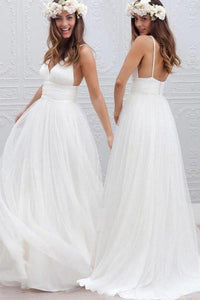 Cheap A Line Spaghetti Straps Floor-length Sleeveless Backless Long Tulle Bridal Gown Wedding Dresses OHD163 | Cathyprom