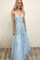 2020 Prom Dress Blue Tulle A-Line V-Neck Floor Length With Appliques LPD6