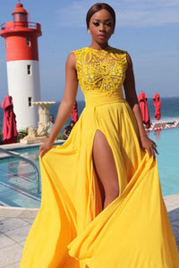 Sexy A-line Sweep/Brush Train Sleeveless Embroidery Long Chiffon Slit Prom Dresses OHC207 | Cathyprom