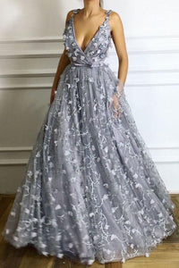 Chic A line V Neck Straps Floor Length Sleeveless Lace Long Tulle Prom Dresses Evening Dress OHC206 | Cathyprom