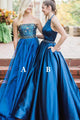 Unique A-line Halter Sleeveless Blue Long Satin Prom Dresses Beaded Formal Dress Evening Gowns OHC297 | Cathyprom