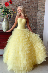 Beautiful A Line Strapless Floor Length Sleeveless Long Tulle Ruffles Cheap Prom Dress OHC234 | Cathyprom