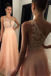 One Shoulder Sleeveless Sweep Train Peach A-line Prom Dress with Beading Lace LPD38 | Cathyprom