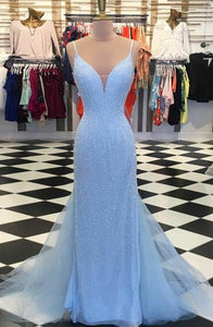 Mermaid Spaghetti Straps Sweep Train Blue Sequined Backless Prom Dress Q34