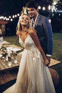 Backless Wedding Dresses Aline Deep V Spaghetti Straps Simple Open Back Bridal Gown OHD218