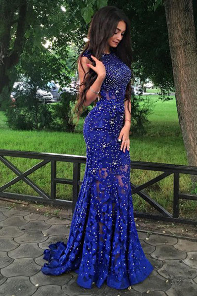 Mermaid Jewel Sweep Train Open Back Royal Blue Lace Prom Dress with Be cathyprom Mermaid Jewel Sweep Train Open Back Royal Blue Lace Prom Dress with Be cathyprom