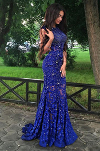 Mermaid Jewel Sweep Train Open Back Royal Blue Lace Prom Dress with Beading P98 | Cathyprom