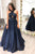 A Line Navy Blue Satin Sleeveless Sequins V Neck Strapless Long Prom Dress Evening Dress OHC368 | Cathyprom