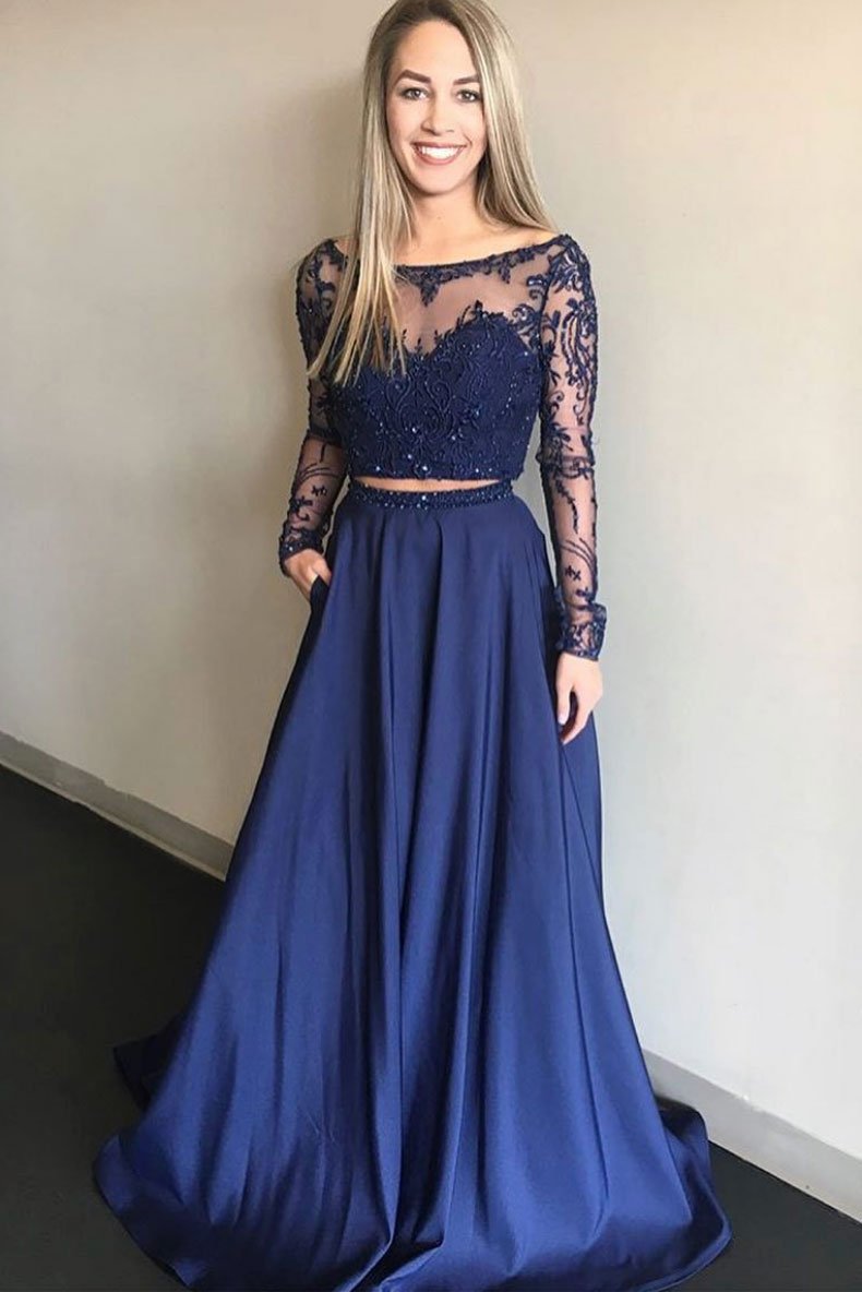 Sparkly Navy Blue Lace Long Sleeve A Line Formal Prom Dress Two Pieces cathyprom Sparkly Navy Blue Lace Long Sleeve A Line Formal Prom Dress Two Pieces cathyprom