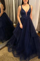 A Line V Neck Open Back Sleeveless Beaded Long Navy Blue Tulle Prom Dress OHC342 | Cathyprom