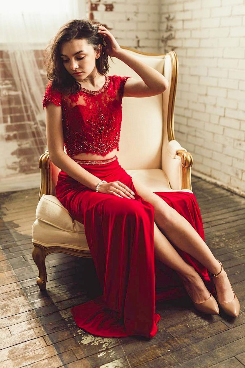 Two Piece Red Lace Short Sleeve Long Beaded Chiffon Prom Dress Evening – cathyprom Two Piece Red Lace Short Sleeve Long Beaded Chiffon Prom Dress Evening – cathyprom