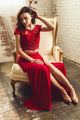 Two Piece Red Lace Short Sleeve Long Beaded Chiffon Prom Dress Evening Dress OHC367 | Cathyprom