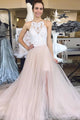 Charming A Line Halter Side Slit Sleeveless Long Pink Tulle White Lace Prom Dress OHC349 | Cathyprom